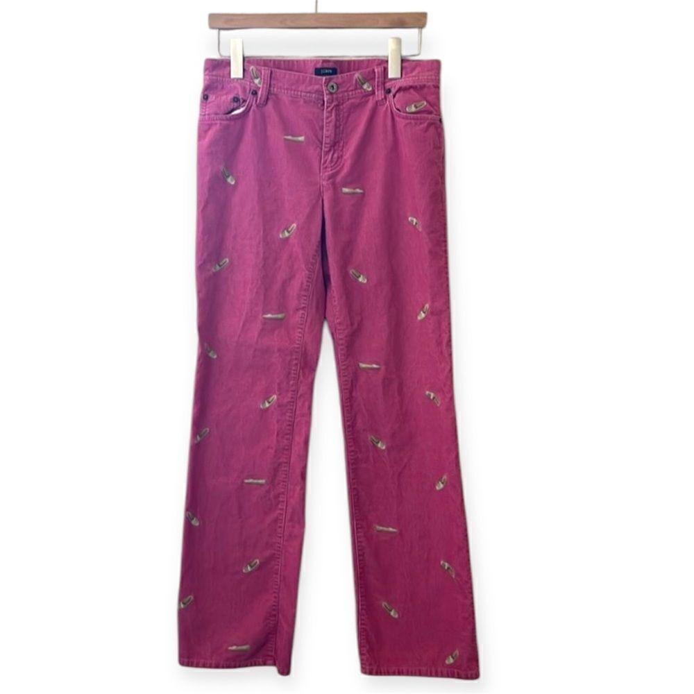 Vintage J. Crew Pink Corduroy Bootcut Jeans with embroidered shoes size 6